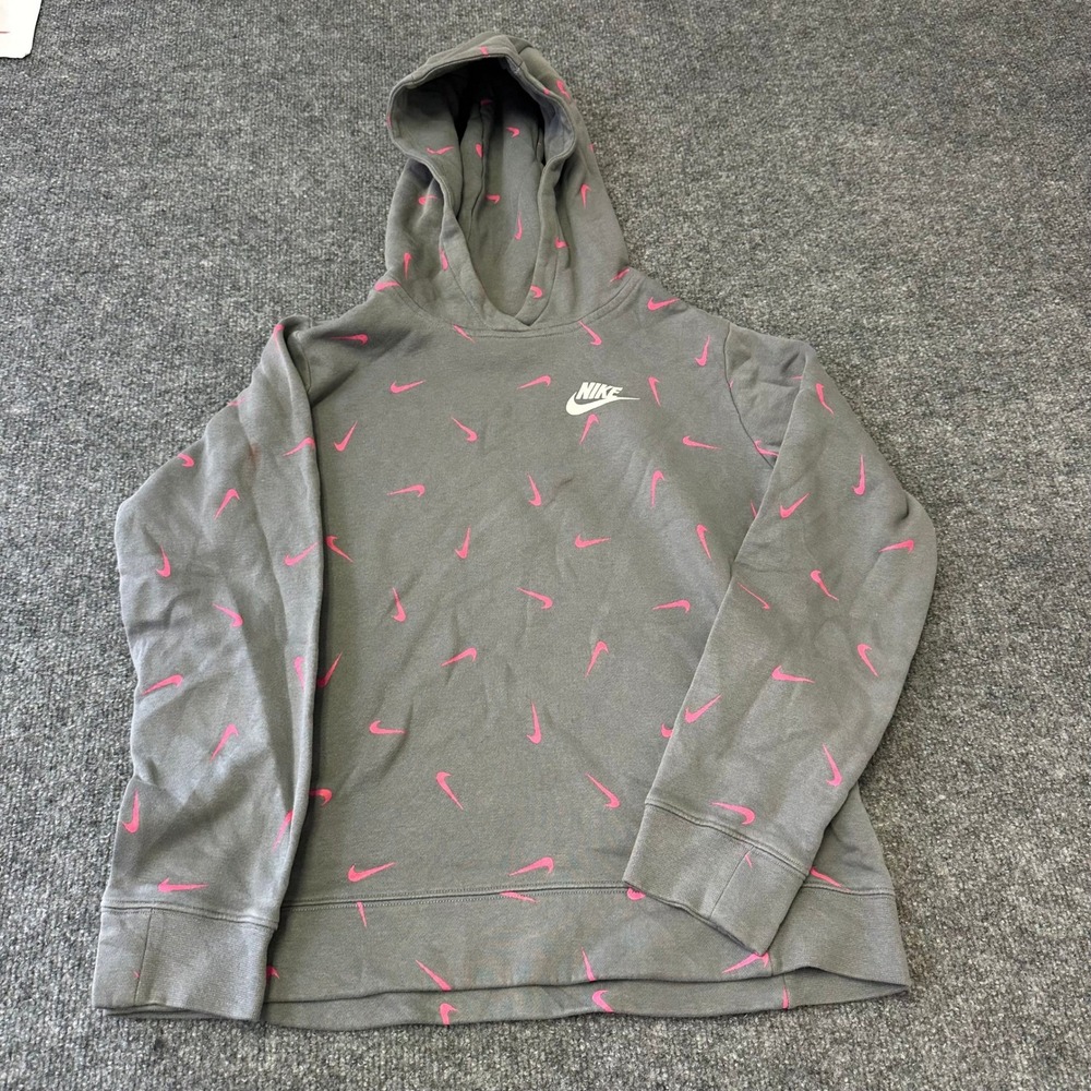 Nike Hoodie Womens Size XL Gray Pink All Over Swoosh Print Standard Fit Fleece